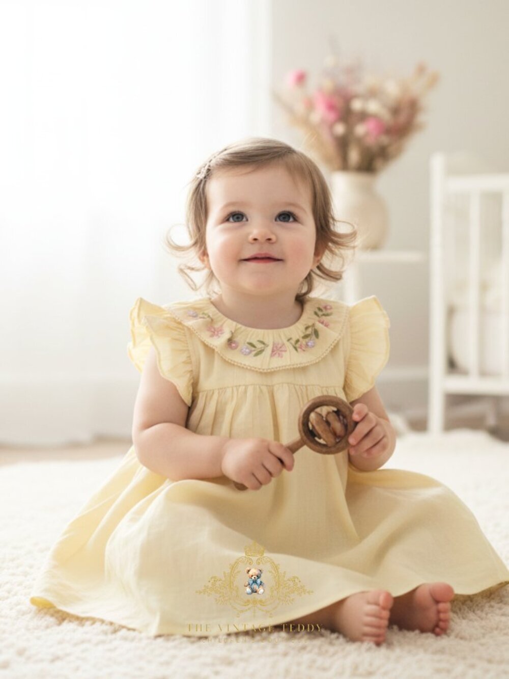 NWT Darling Girls Floral Embroidery Bib Collar Dress & Bloomer Cream Pink 3-6M